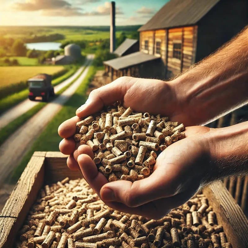 Desarrolo sostenible con biomasa en el ambito rural, Manos de un trabajador sosteniendo un piñado de pellets